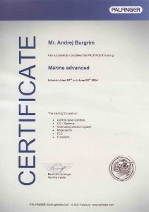 Сертификат по техническому обслуживанию компании СБС от Palfinger - Marine Advanced